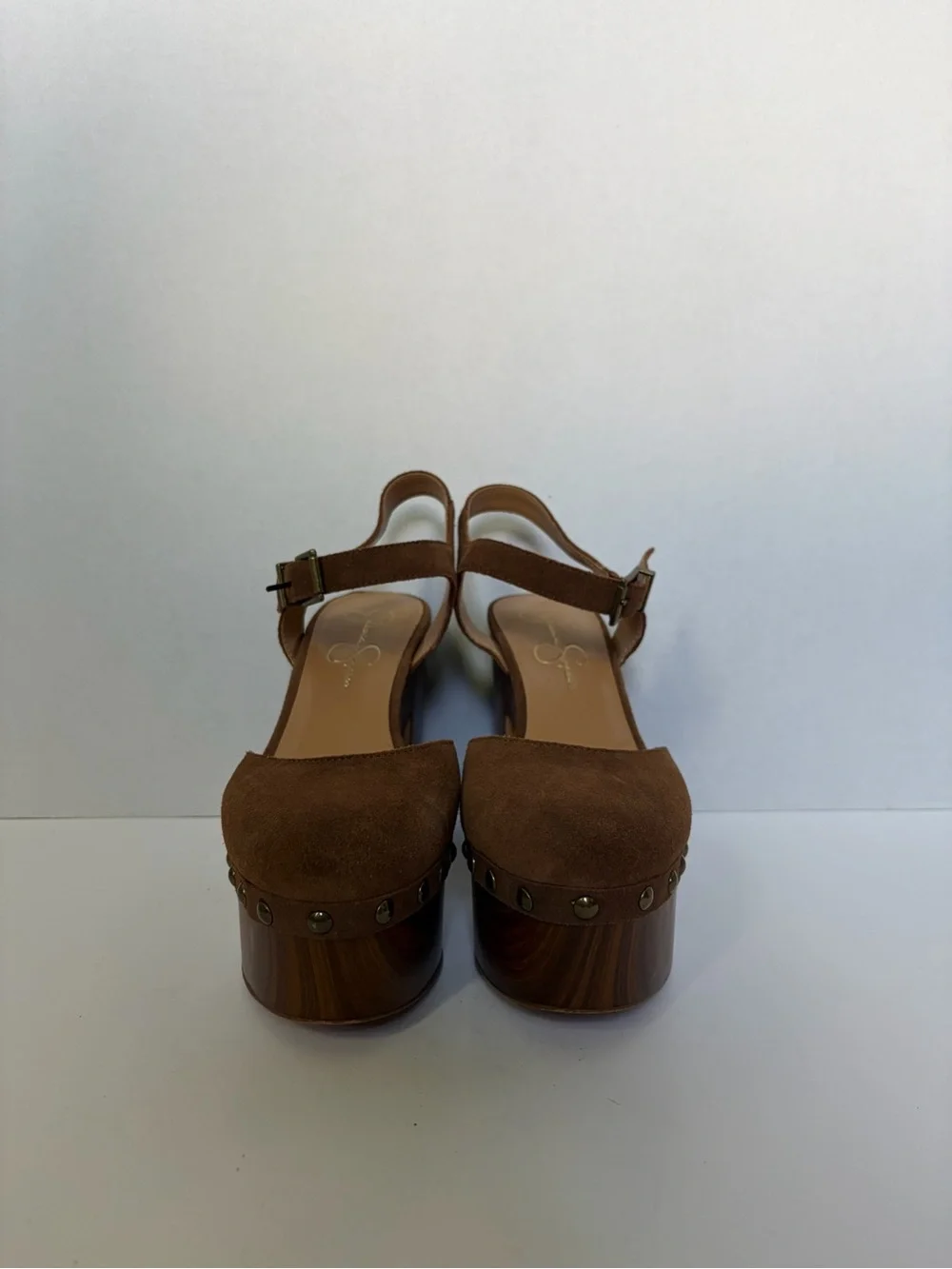 Jessica Simpson Draiye platform suede sandal wood heel studs brown ladies 9
